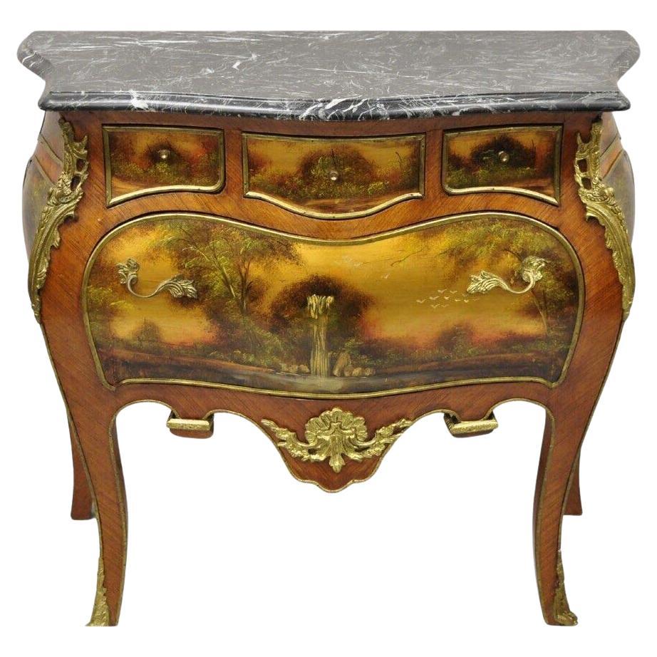 Vintage French Louis XV Style Marble Top Bombe Hand Painted Commode Chest For Sale