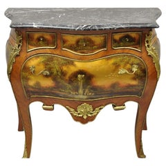Antique French Louis XV Style Marble Top Bombe Hand Painted Commode Chest