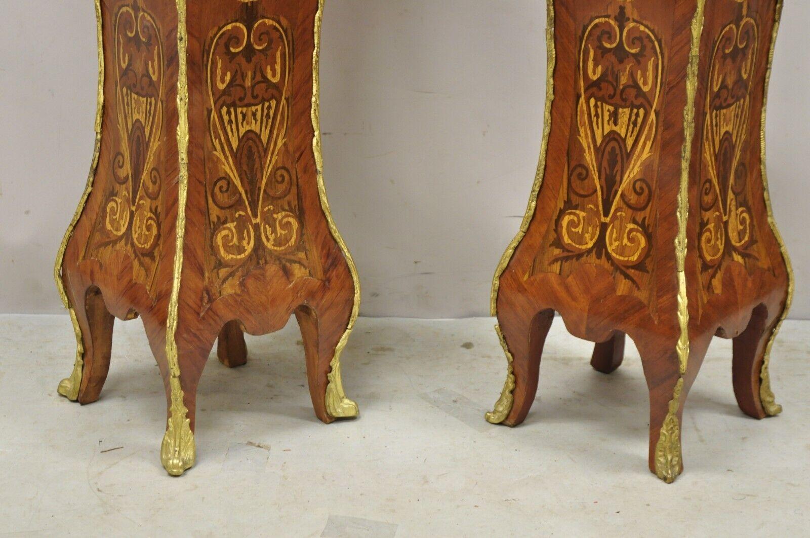 Vintage French Louis XV Style Marble Top Marquetry Inlay Bombe Pedestals a Pair For Sale 5