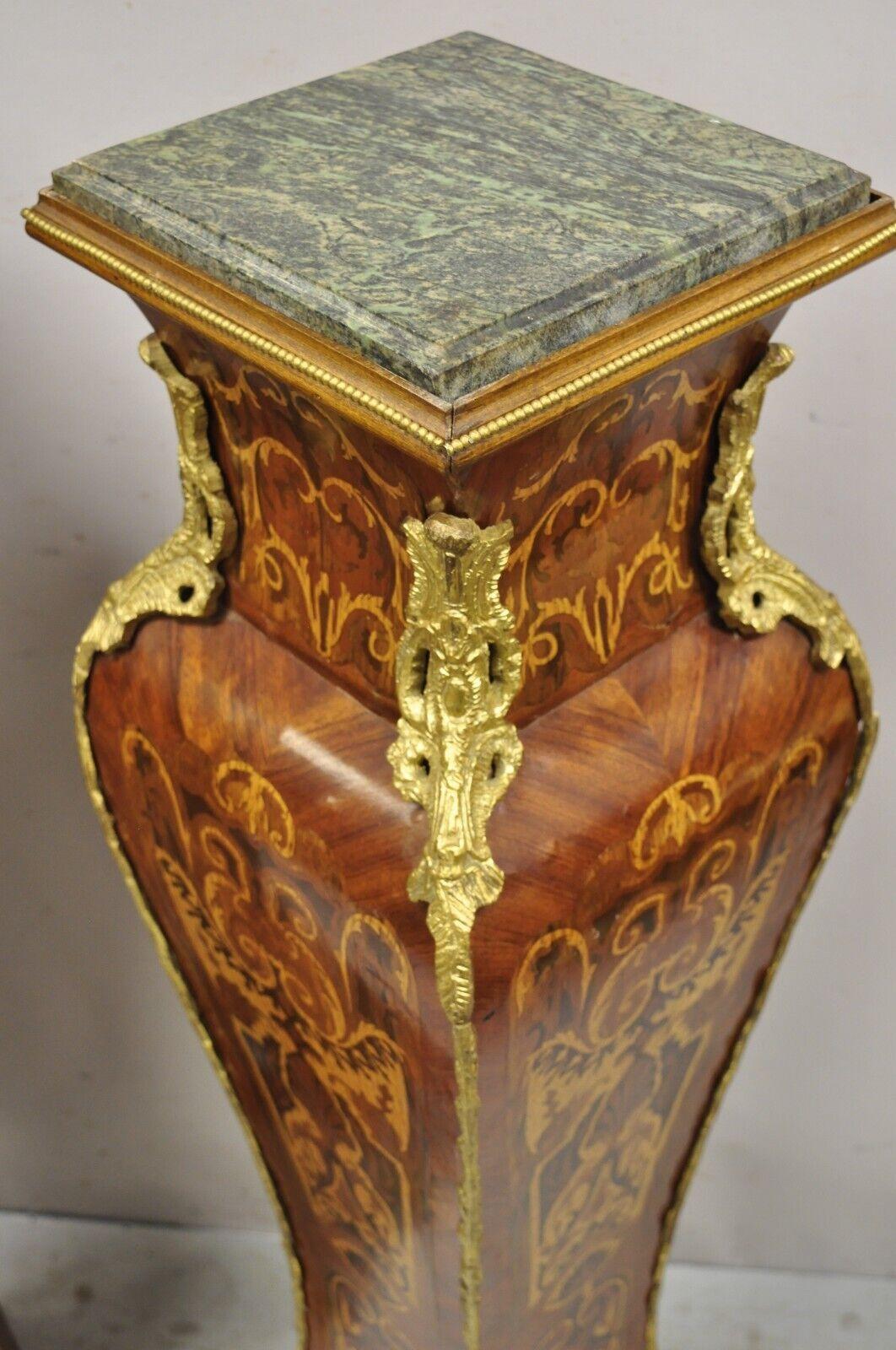 Vintage French Louis XV Style Marble Top Marquetry Inlay Bombe Pedestals a Pair For Sale 7