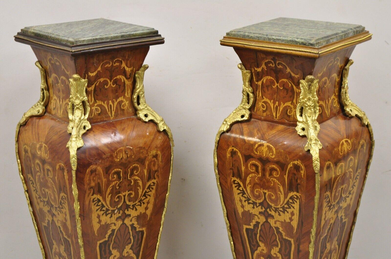 Vintage French Louis XV Style Marble Top Marquetry Inlay Bombe Pedestals a Pair In Good Condition For Sale In Philadelphia, PA