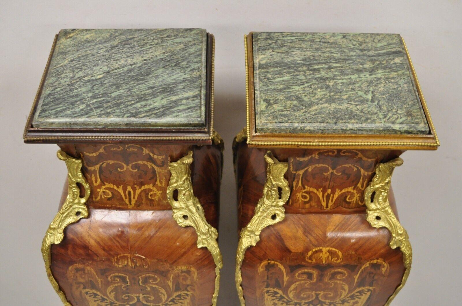 20th Century Vintage French Louis XV Style Marble Top Marquetry Inlay Bombe Pedestals a Pair For Sale