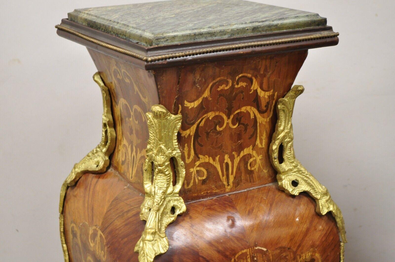 Bronze Vintage French Louis XV Style Marble Top Marquetry Inlay Bombe Pedestals a Pair For Sale
