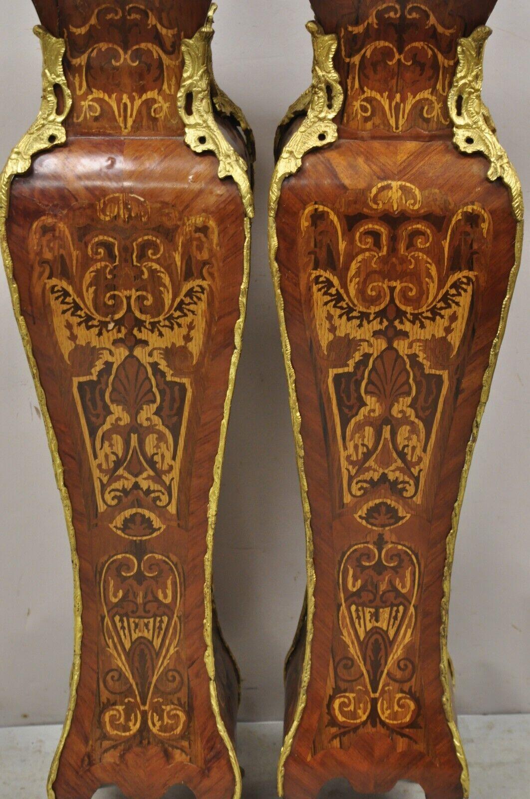 Vintage French Louis XV Style Marble Top Marquetry Inlay Bombe Pedestals a Pair For Sale 1