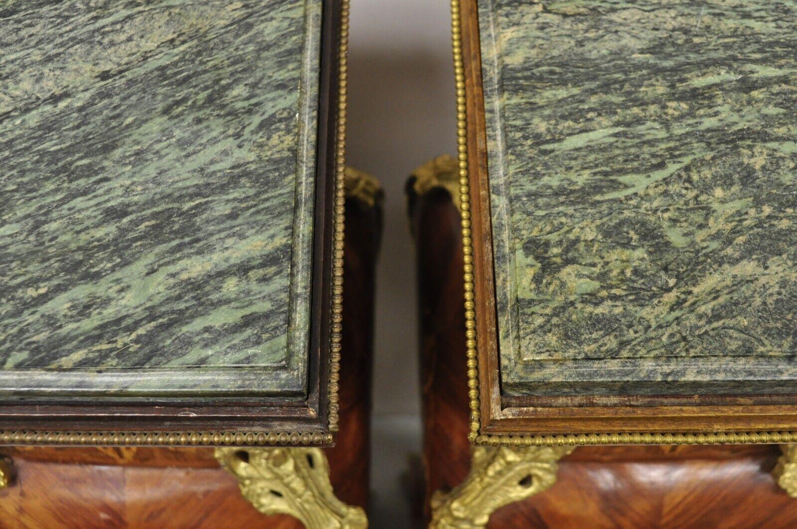 Vintage French Louis XV Style Marble Top Marquetry Inlay Bombe Pedestals a Pair For Sale 2