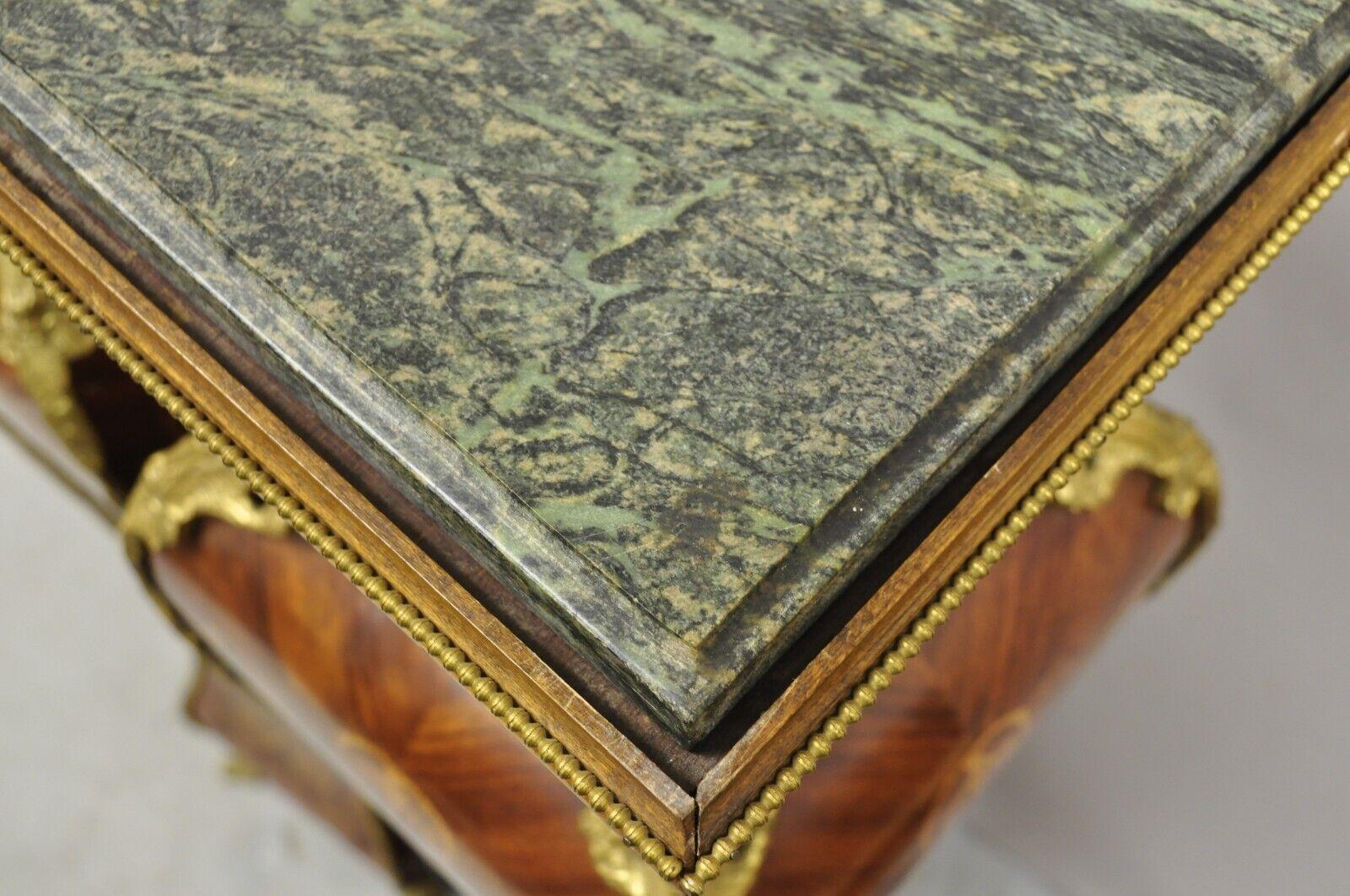 Vintage French Louis XV Style Marble Top Marquetry Inlay Bombe Pedestals a Pair For Sale 3