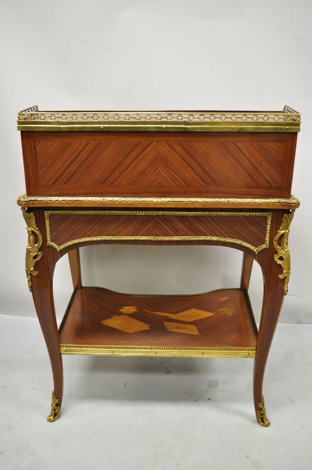 Vintage French Louis XV Style Marquetry Inlay Bronze Ormolu Small Writing Desk For Sale 3
