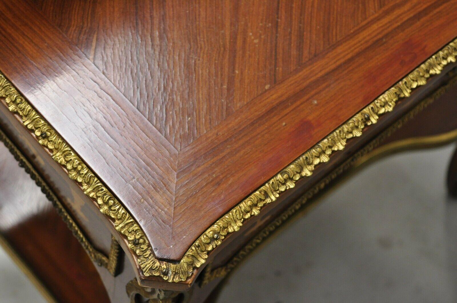 Vintage French Louis XV Style Marquetry Inlay Bronze Ormolu Small Writing Desk For Sale 4