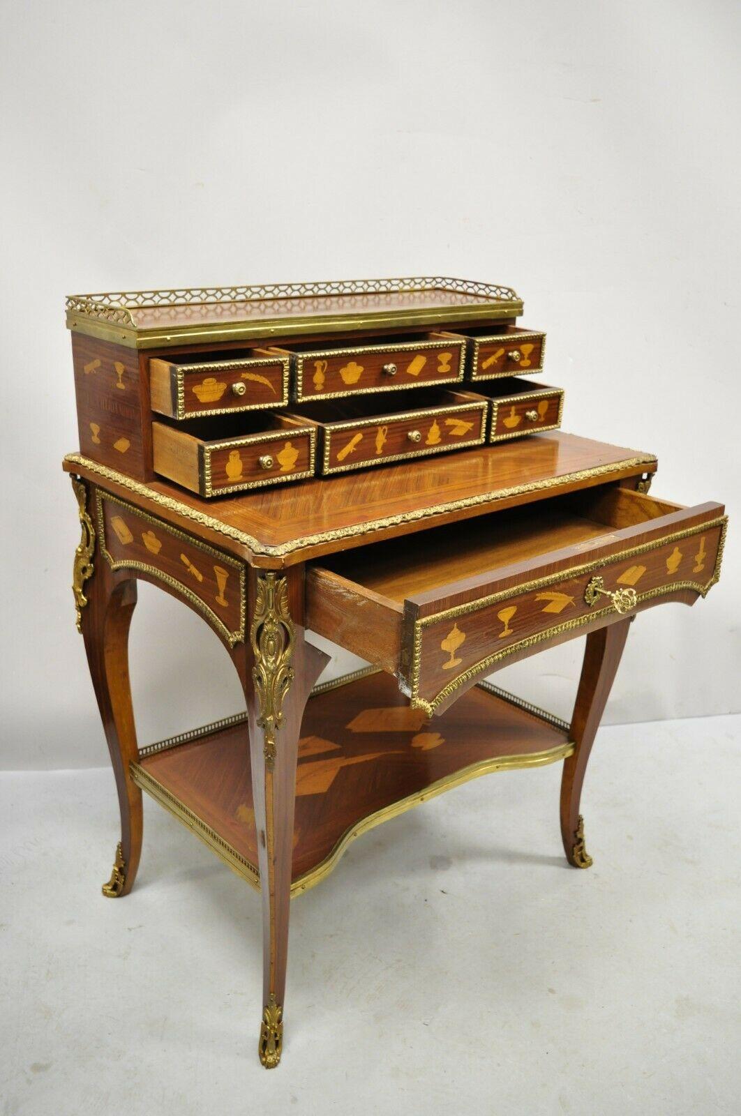Vintage French Louis XV Style Marquetry Inlay Bronze Ormolu Small Writing Desk For Sale 5