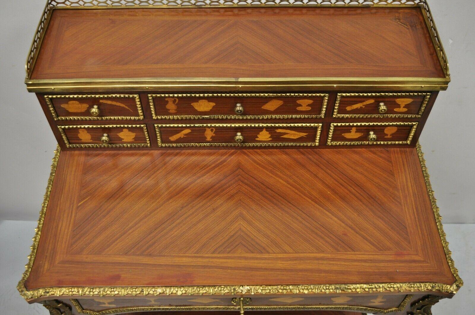 Spanish Vintage French Louis XV Style Marquetry Inlay Bronze Ormolu Small Writing Desk For Sale