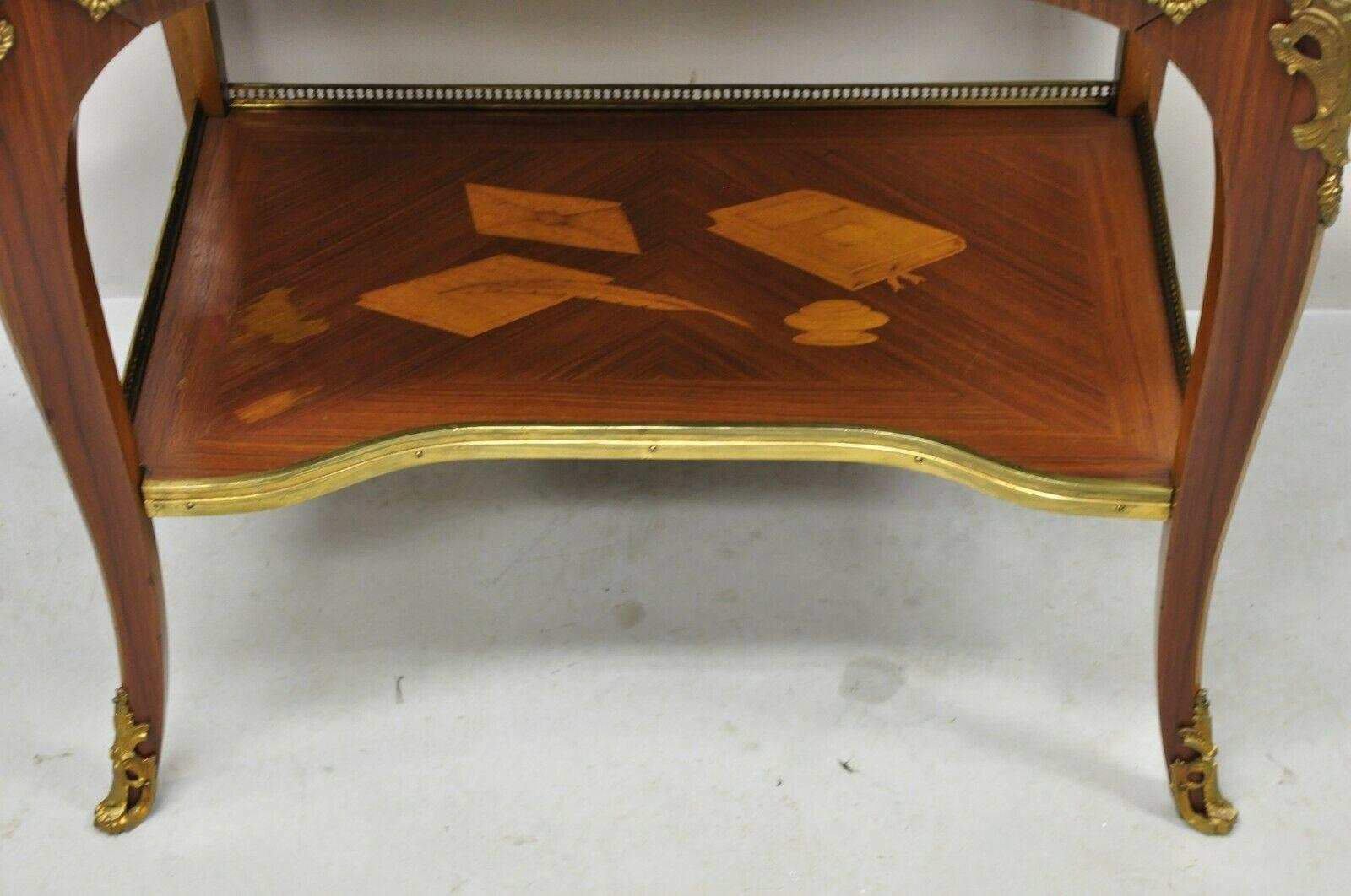 Vintage French Louis XV Style Marquetry Inlay Bronze Ormolu Small Writing Desk In Good Condition For Sale In Philadelphia, PA