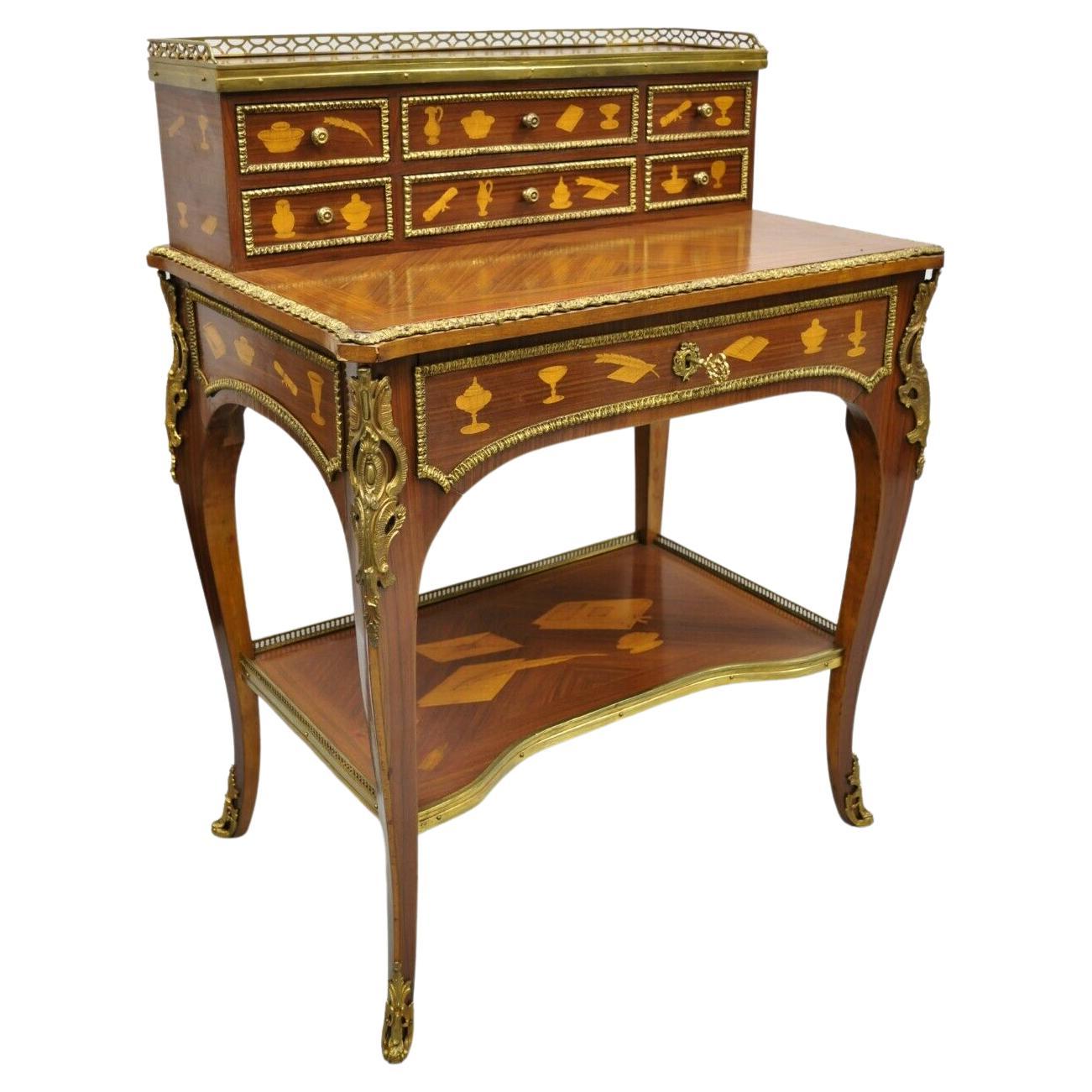 Vintage French Louis XV Style Marquetry Inlay Bronze Ormolu Small Writing Desk For Sale
