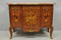 Vintage French Louis XV Style Marquetry Inlay Marble Top Commode Dresser Chest
