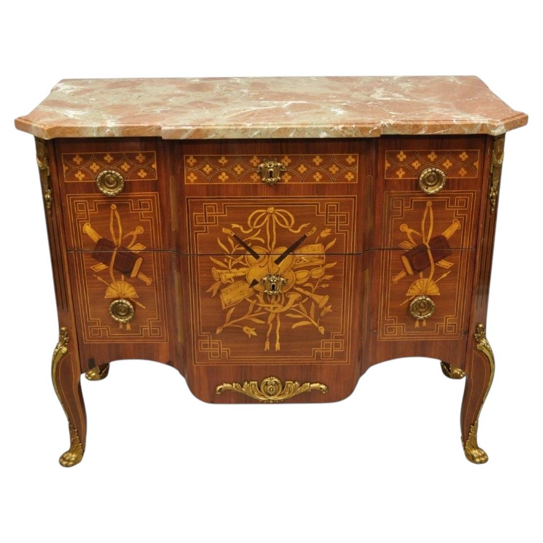 Vintage French Louis XV Style Marquetry Inlay Marble Top Commode Dresser Chest