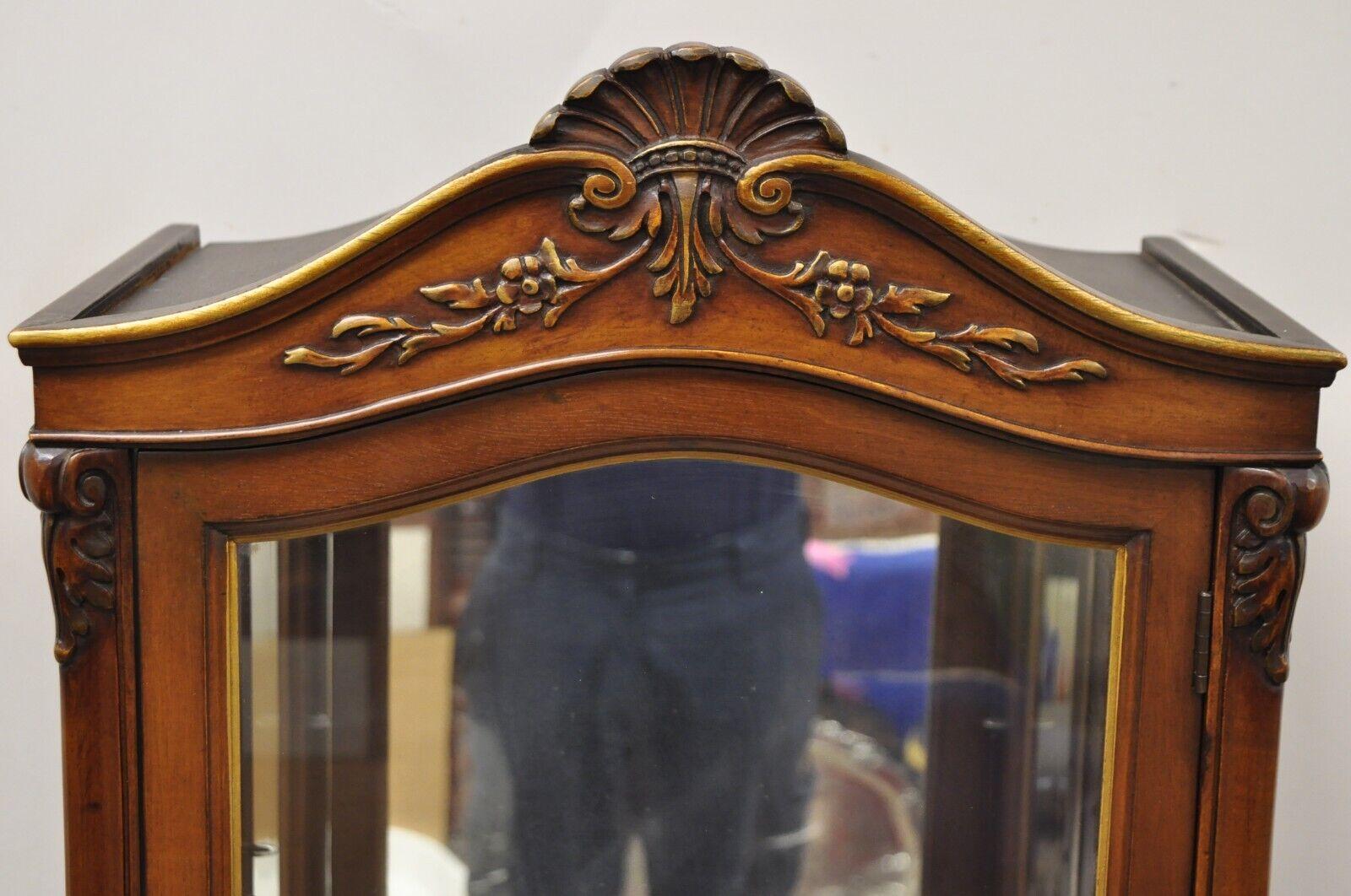 Vintage French Louis XV Style Narrow Walnut Glass Display Cabinet Curio In Good Condition In Philadelphia, PA