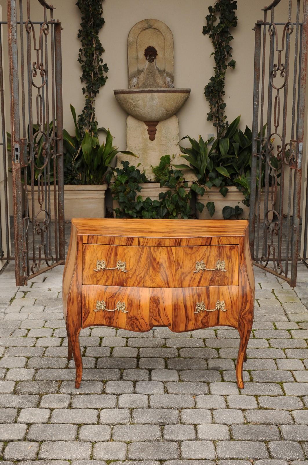 Veneer Vintage French Louis XV Style Olivewood Bombé Two-Drawer Chest, circa 1950 For Sale