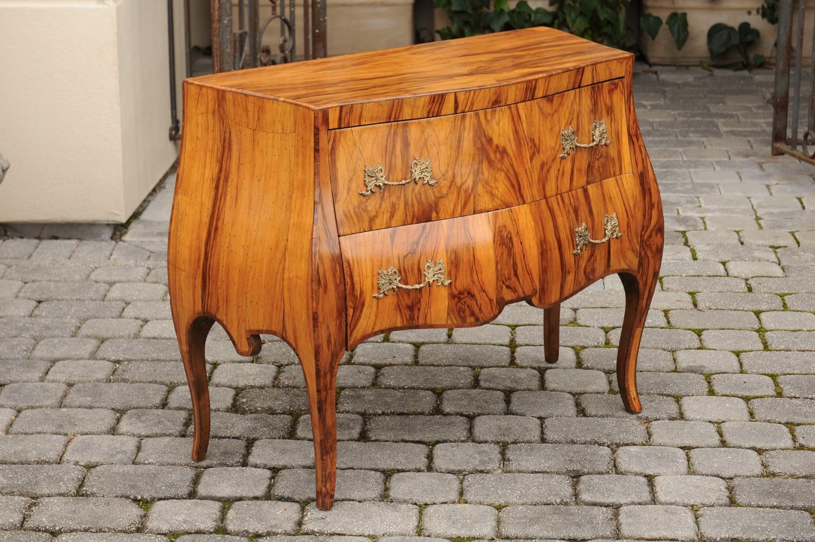Vintage French Louis XV Style Olivewood Bombé Two-Drawer Chest, circa 1950 For Sale 1
