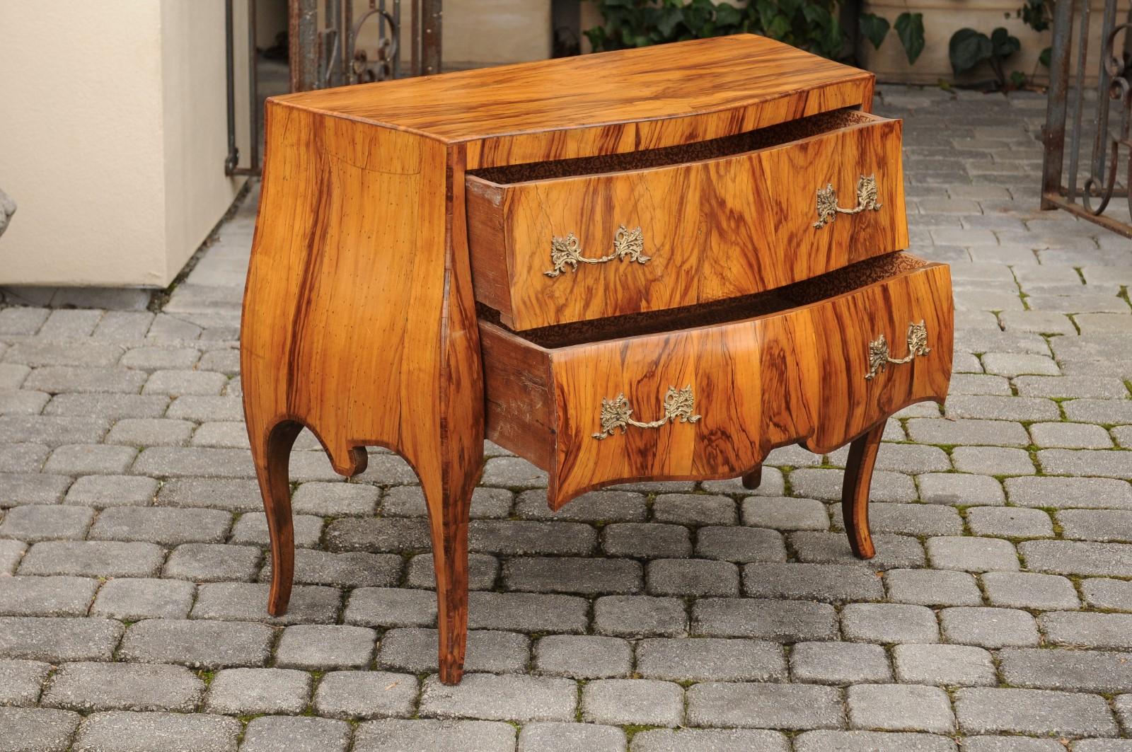 Vintage French Louis XV Style Olivewood Bombé Two-Drawer Chest, circa 1950 For Sale 2