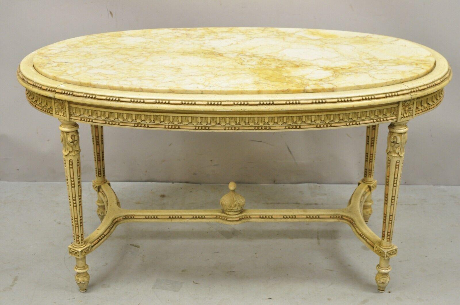 Vintage French Louis XV Style Oval Marble Top Yellow Beige Coffee Table 3