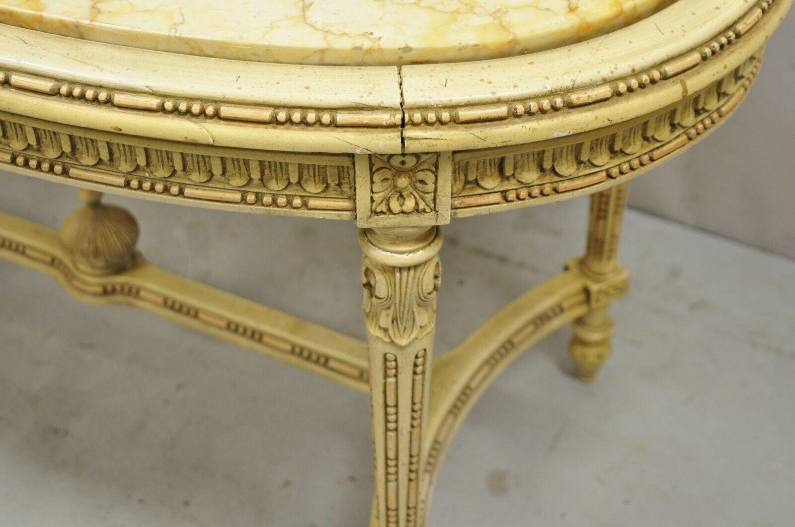 20th Century Vintage French Louis XV Style Oval Marble Top Yellow Beige Coffee Table