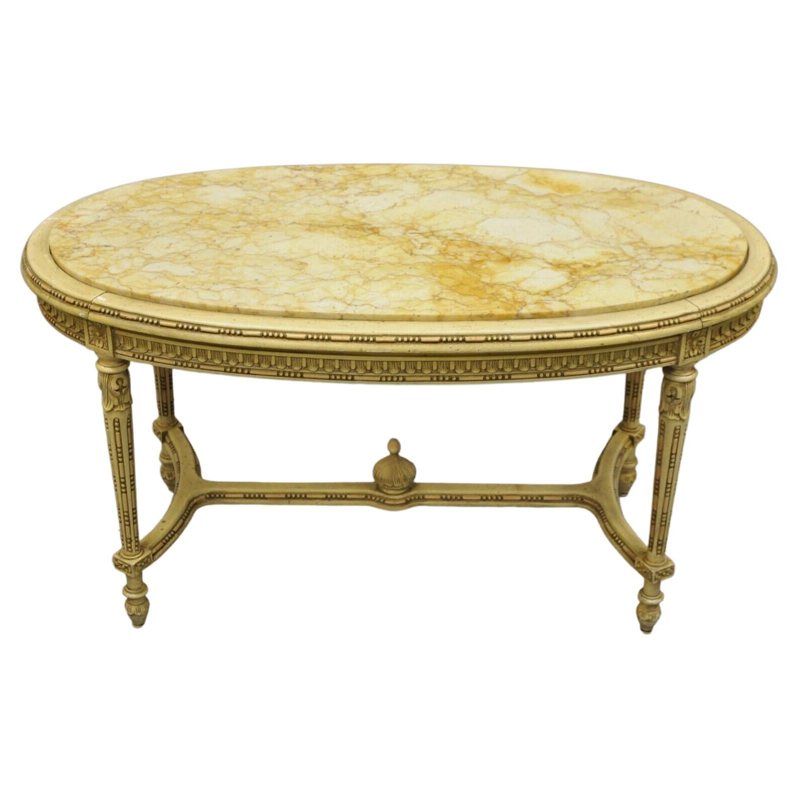 Vintage French Louis XV Style Oval Marble Top Yellow Beige Coffee Table