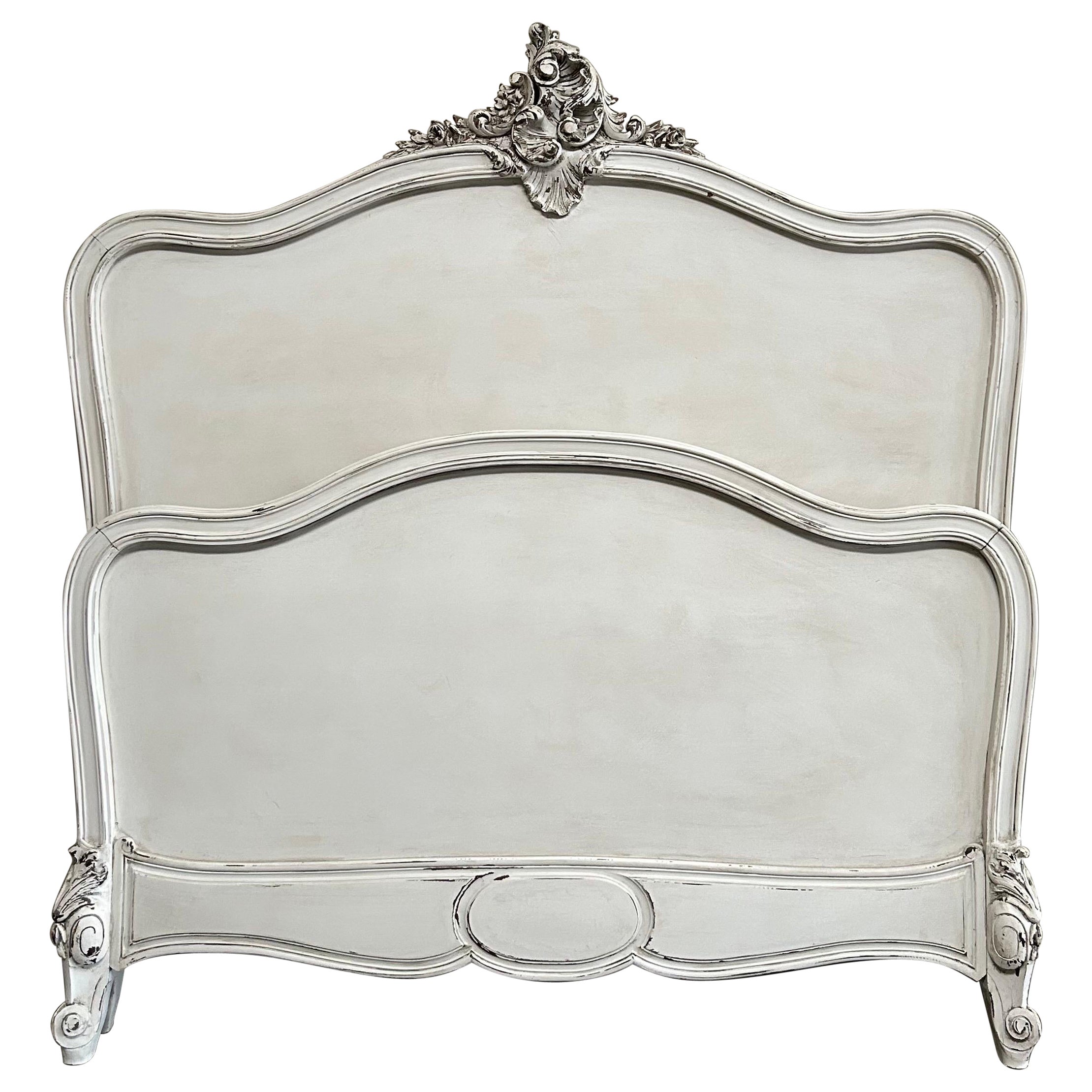 Lit peint vintage français de style Louis XV Taille complète