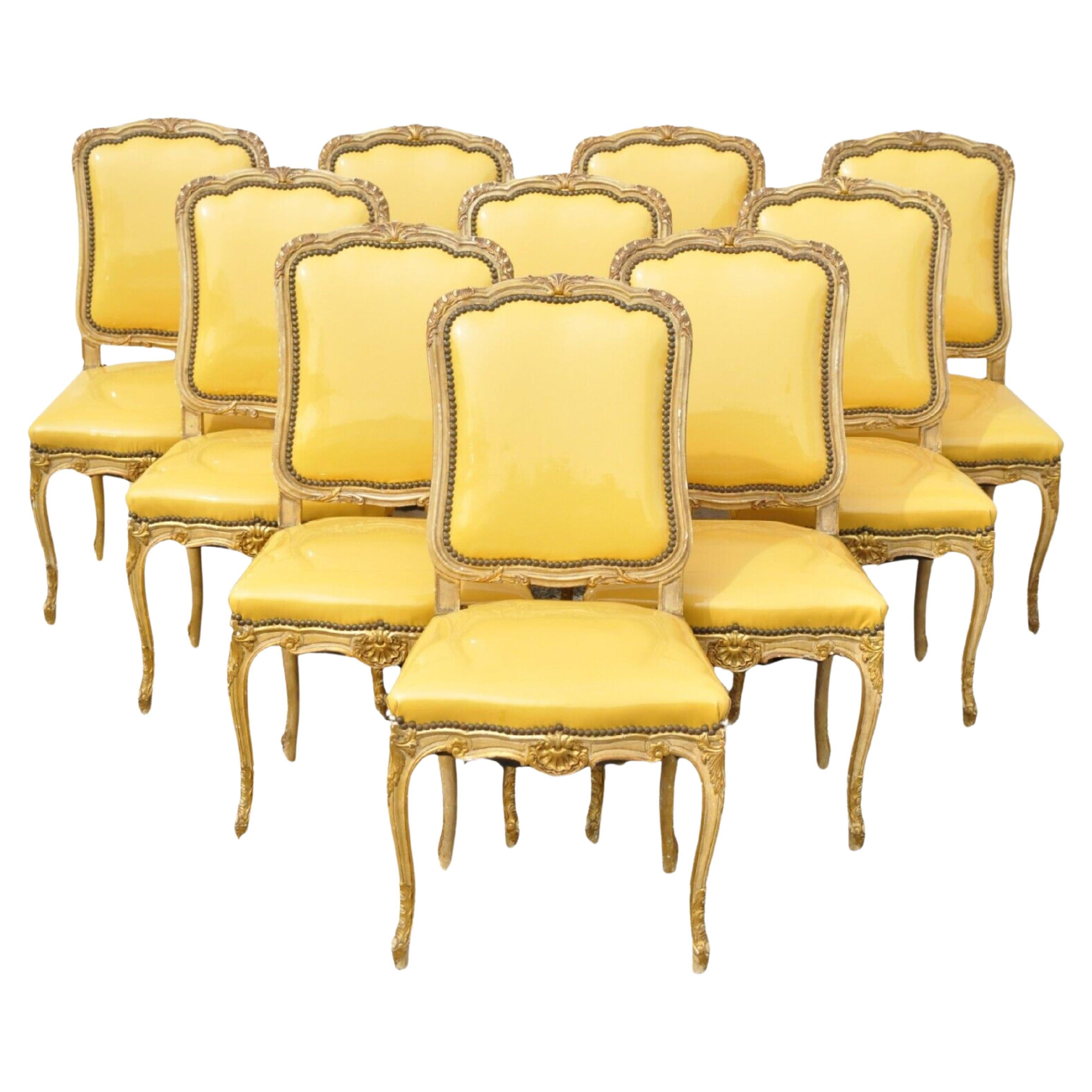 Vintage French Louis XV Style Parcel Gilt Carved Dining Side Chairs - Set of 10 For Sale