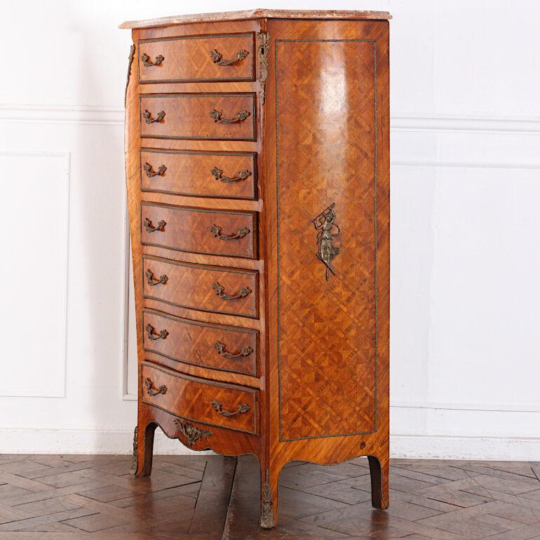 20th Century Vintage French Louis XV Style Parquetry Semainier Seven Drawer Chest