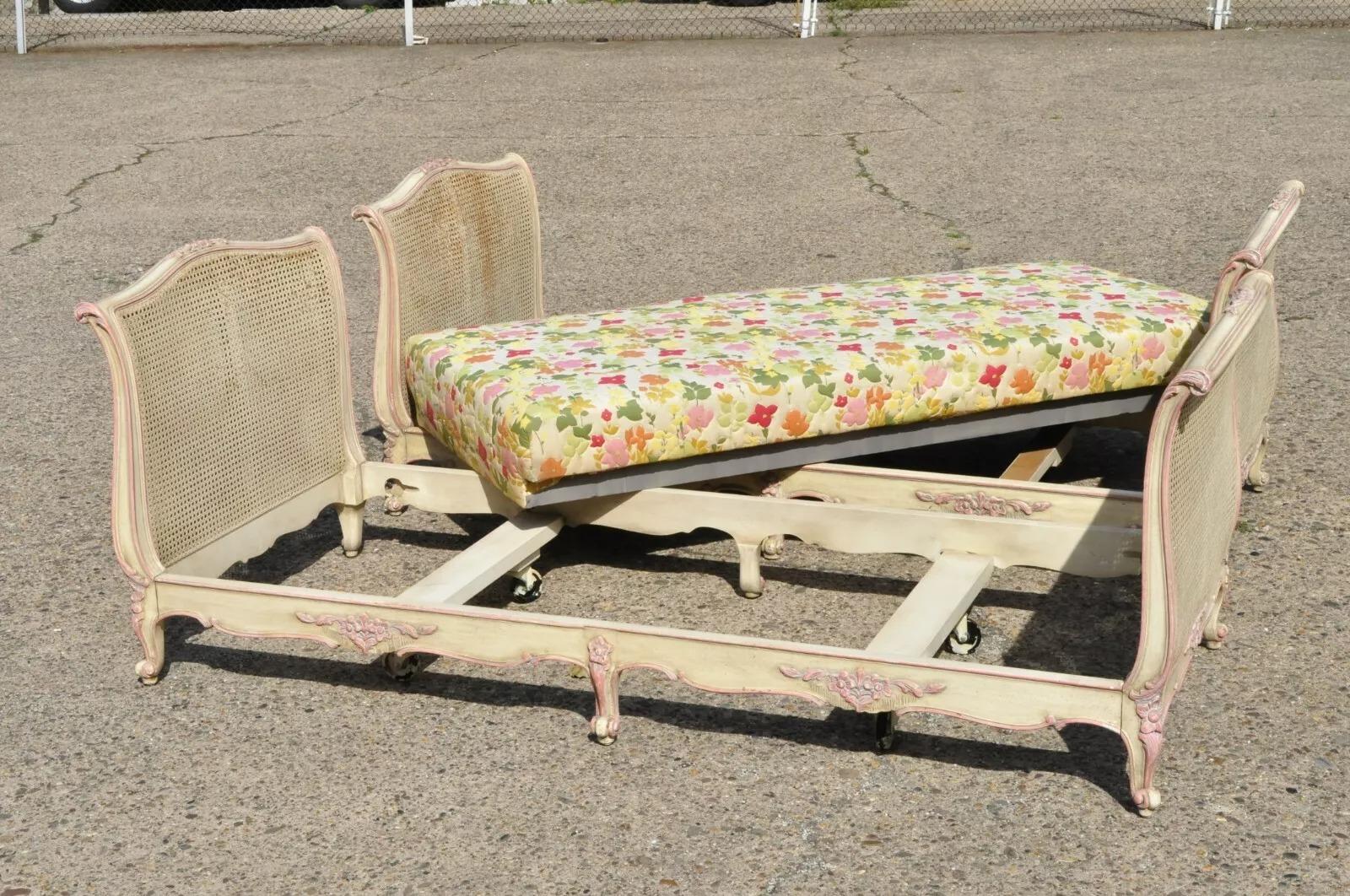 Vintage French Louis XV Style Pink & Cream Painted Cane Bed Daybeds - a Pair For Sale 5