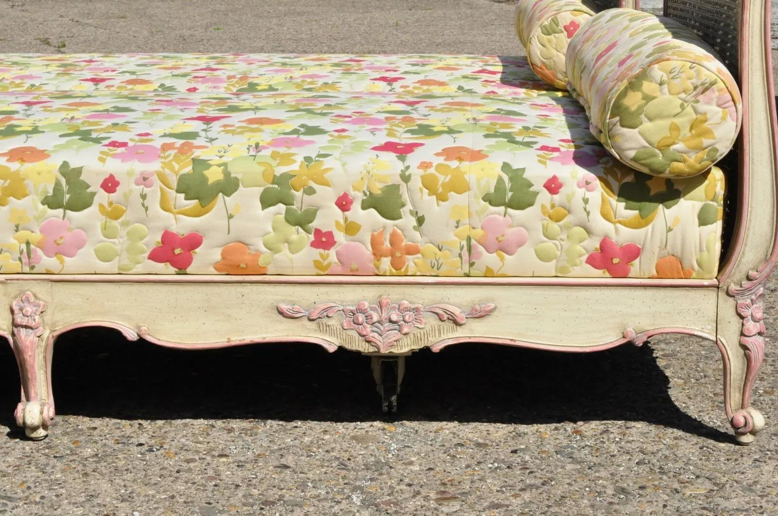Vintage French Louis XV Style Pink & Cream Painted Cane Bed Daybeds - a Pair For Sale 6