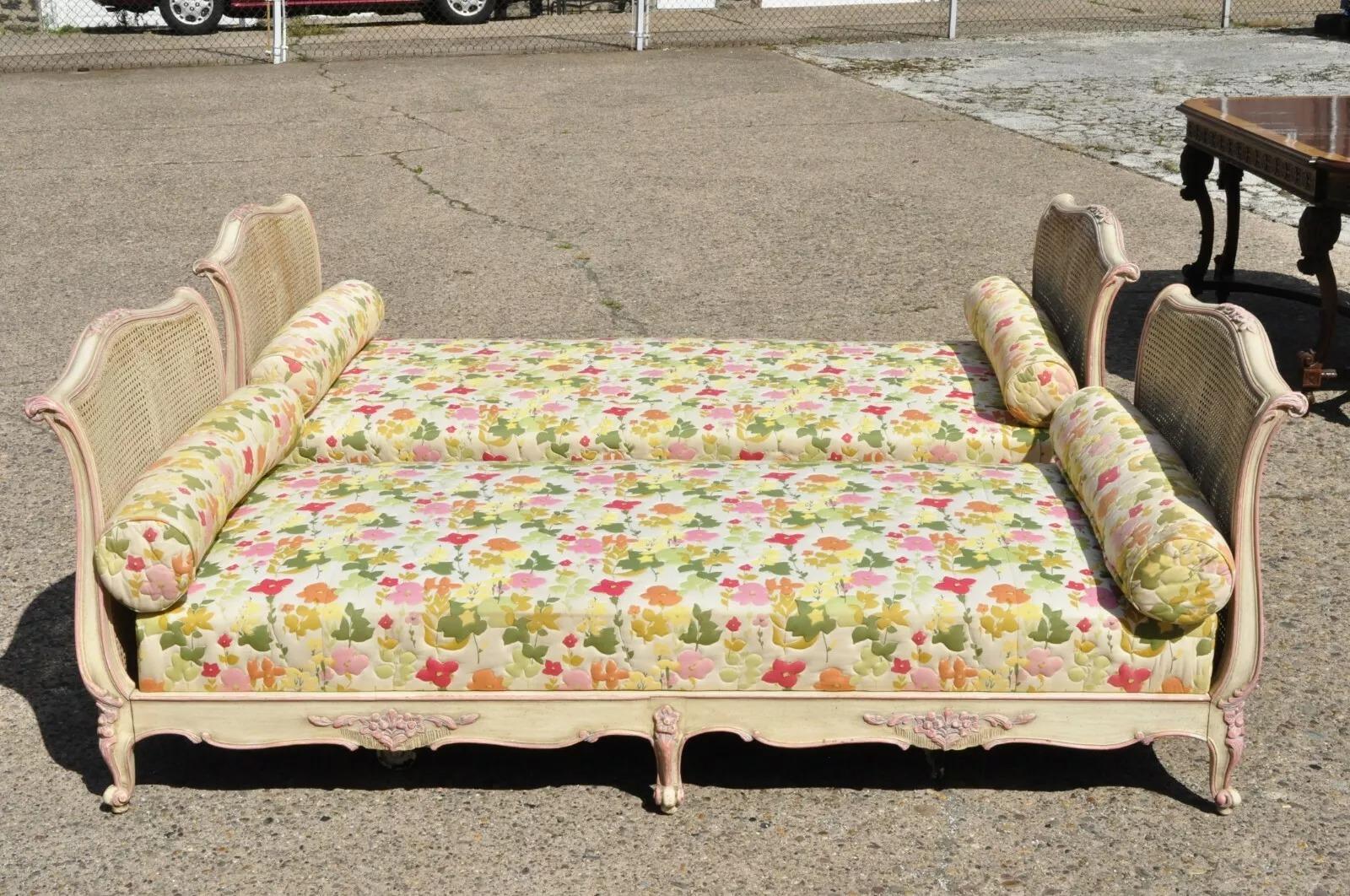 Unknown Vintage French Louis XV Style Pink & Cream Painted Cane Bed Daybeds - a Pair For Sale
