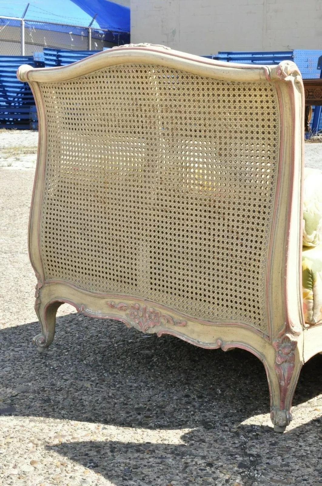 20th Century Vintage French Louis XV Style Pink & Cream Painted Cane Bed Daybeds - a Pair For Sale