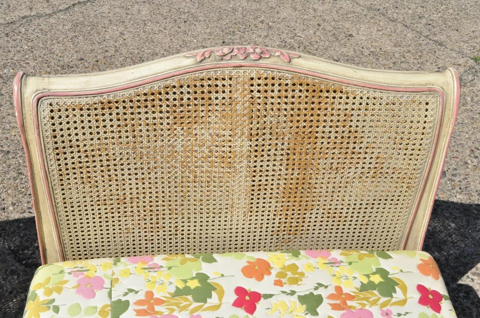 Vintage French Louis XV Style Pink & Cream Painted Cane Bed Daybeds - a Pair For Sale 2