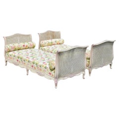 Vintage French Louis XV Style Pink & Cream Painted Cane Bed Daybeds - a Pair