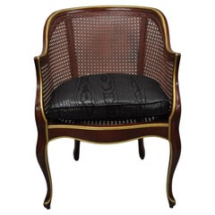 Used French Louis XV Style Red Lacquer Cane Bergere Lounge Chair
