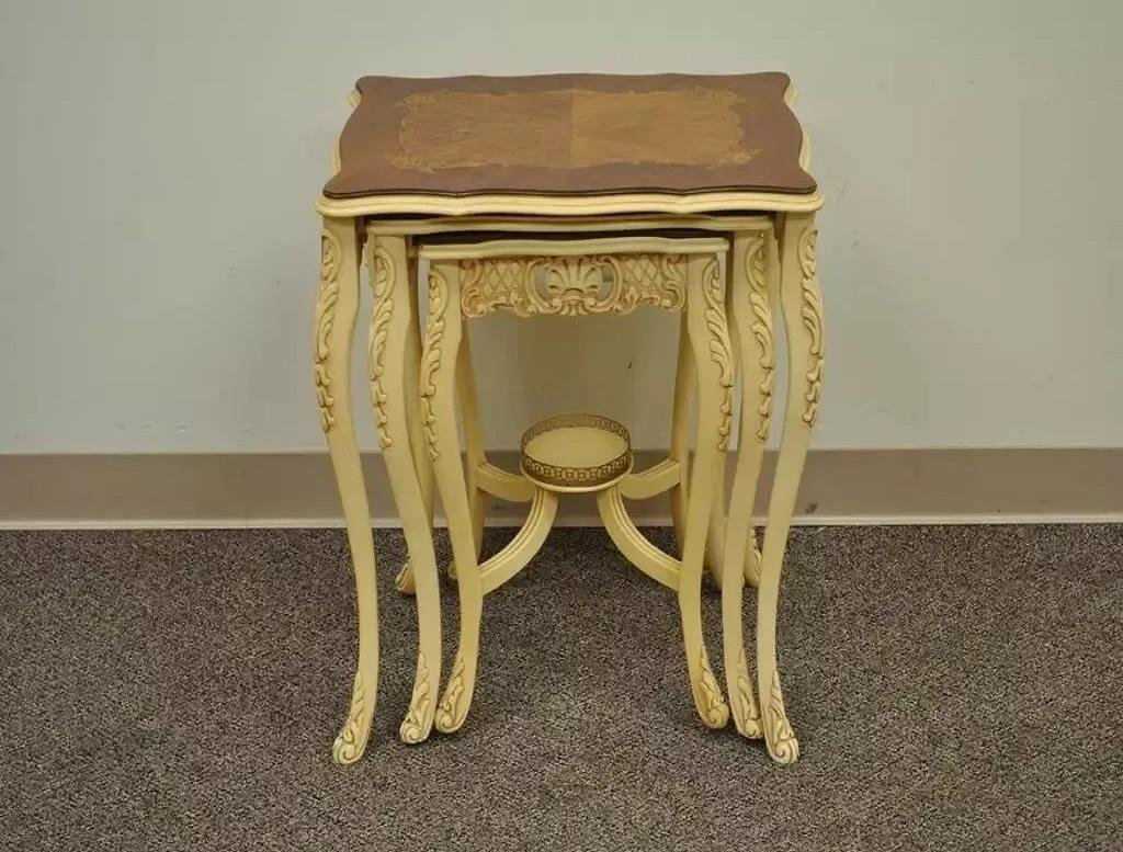 Vintage French Louis XV Style Satinwood Inlay Nesting Side Tables - Set of 3. Item features beautiful carved bases, satinwood inlaid tops, cream painted finish, elegant overall form. Circa Early 20th Century. Measurements: Large: 25
