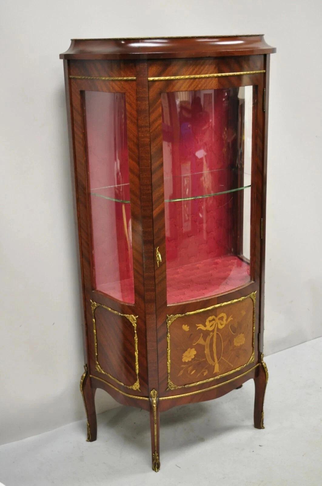 Unknown Vintage French Louis XV Style Small Bowed Glass Inlaid Curio Display Cabinet For Sale