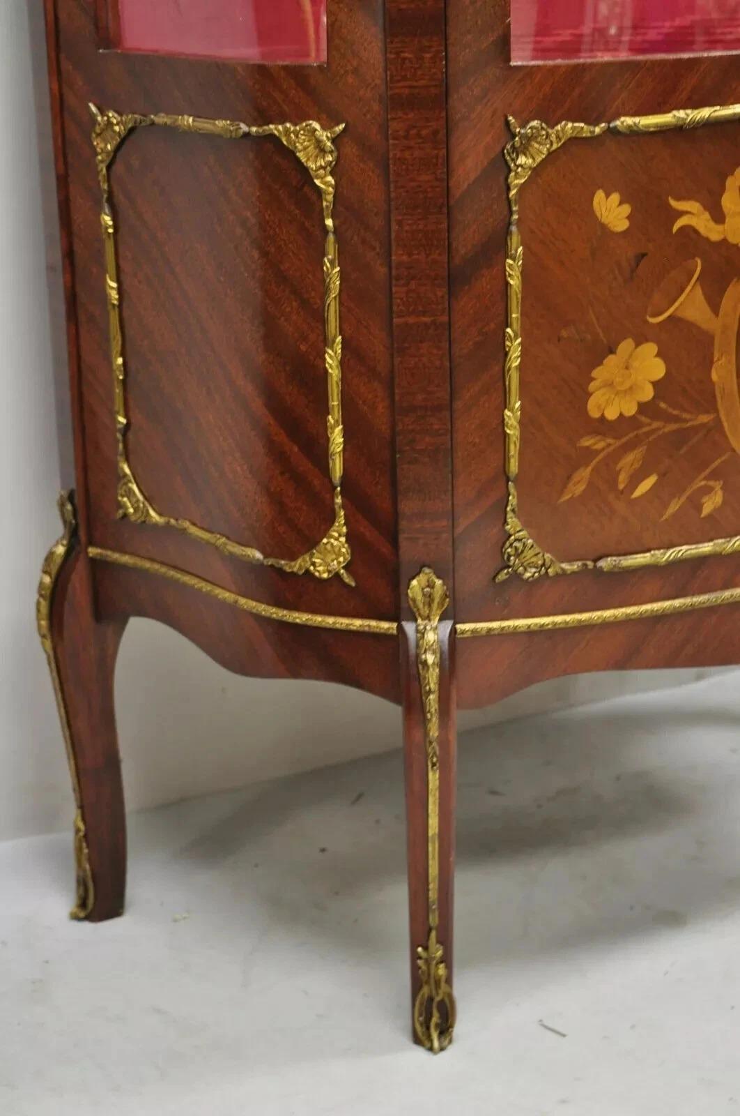 20th Century Vintage French Louis XV Style Small Bowed Glass Inlaid Curio Display Cabinet For Sale
