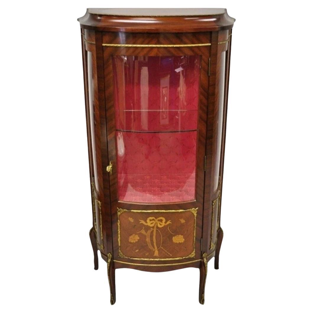 Vintage French Louis XV Style Small Bowed Glass Inlaid Curio Display Cabinet For Sale