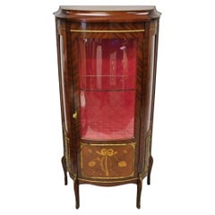 Vintage French Louis XV Style Small Bowed Glass Inlaid Curio Display Cabinet