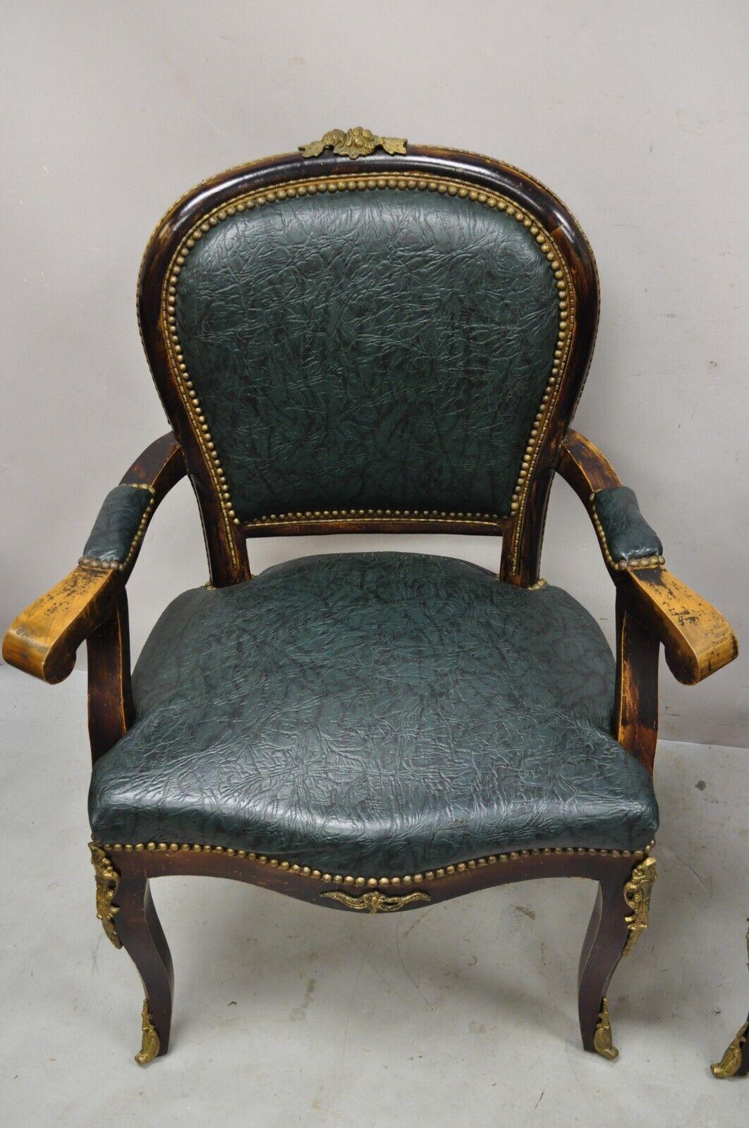 Vintage French Louis XV Style Solid Wood Bronze Ormolu Arm Chairs - a Pair In Good Condition For Sale In Philadelphia, PA