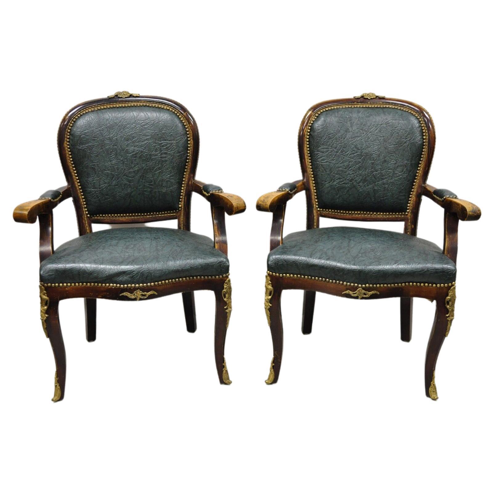 Vintage French Louis XV Style Solid Wood Bronze Ormolu Arm Chairs - a Pair