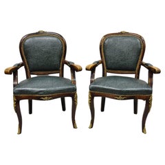 Retro French Louis XV Style Solid Wood Bronze Ormolu Arm Chairs - a Pair