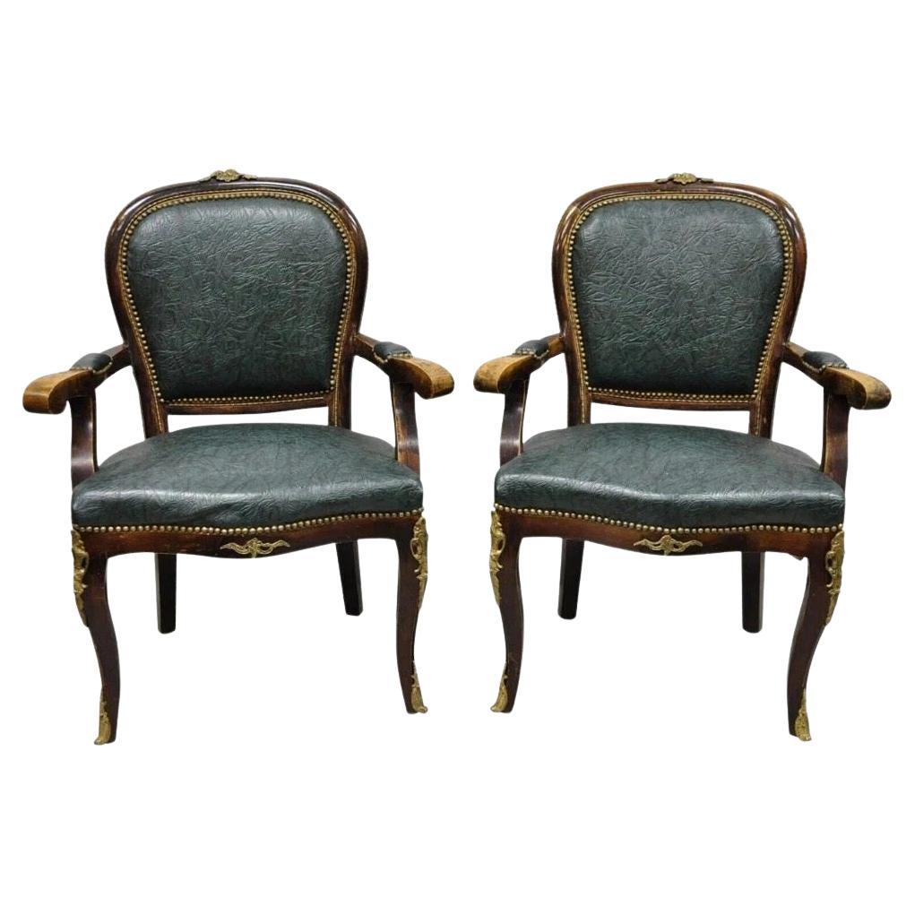 Vintage French Louis XV Style Solid Wood Bronze Ormolu Arm Chairs - a Pair For Sale