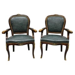 Vintage French Louis XV Style Solid Wood Bronze Ormolu Arm Chairs - a Pair Vintage French Louis XV Style Solid Wood Bronze Ormolu Arm Chairs - a Pair
