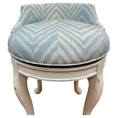 Vintage French Louis XV Style Swivel Vanity Stool in Blue Chevron Fabric