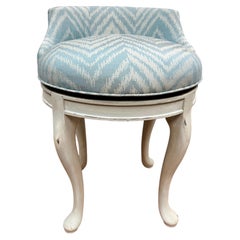 Vintage French Louis XV Style Swivel Vanity Stool in Blue Chevron Fabric