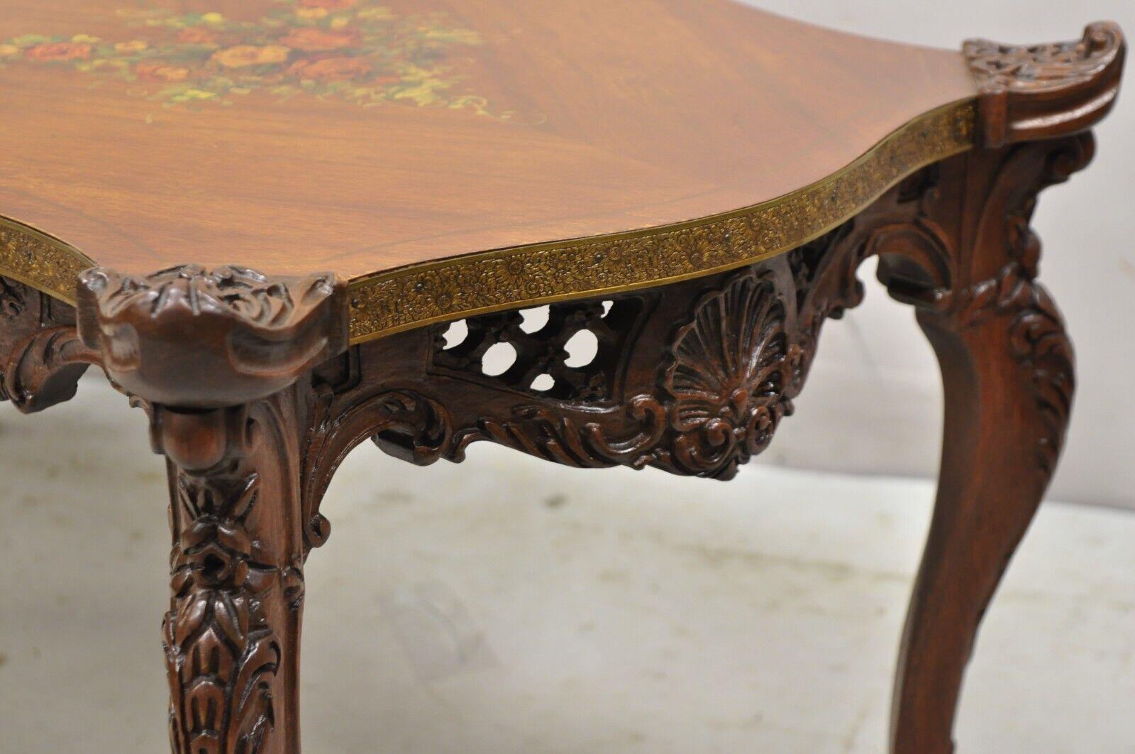 Vintage French Louis XV Style Walnut Coffee Table with Hand Painted Floral Top For Sale 5