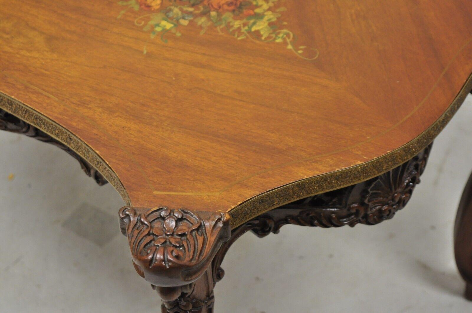 Vintage French Louis XV Style Walnut Coffee Table with Hand Painted Floral Top For Sale 6