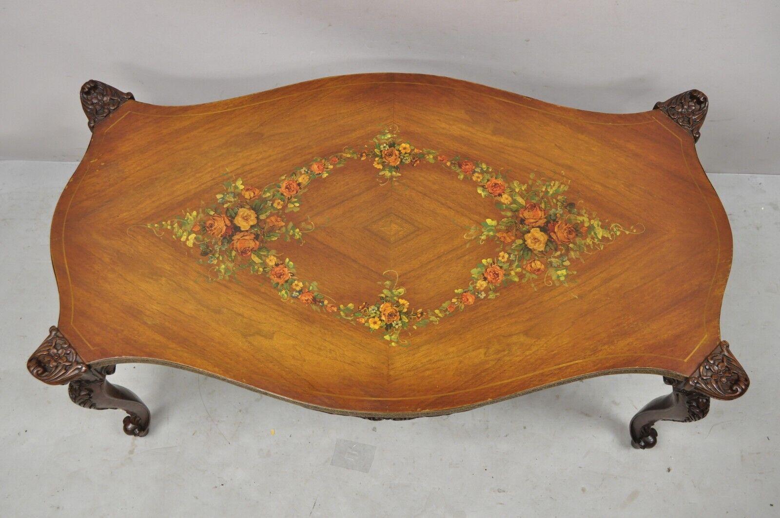 Vintage French Louis XV Style Walnut Coffee Table with Hand Painted Floral Top For Sale 7